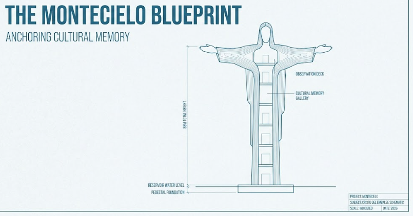 Schematic of the Cristo del Embalse monument with observation deck, cultural memory gallery, reservoir water level and pedestal foundation