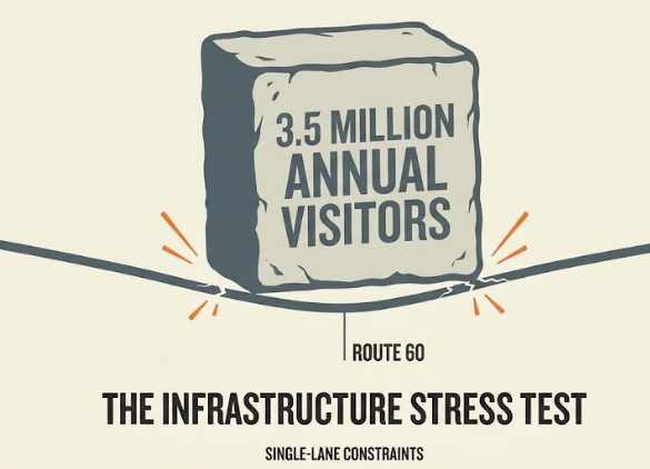 Diagram of 3.5 million annual visitors pressing on a cracking Route 60 line