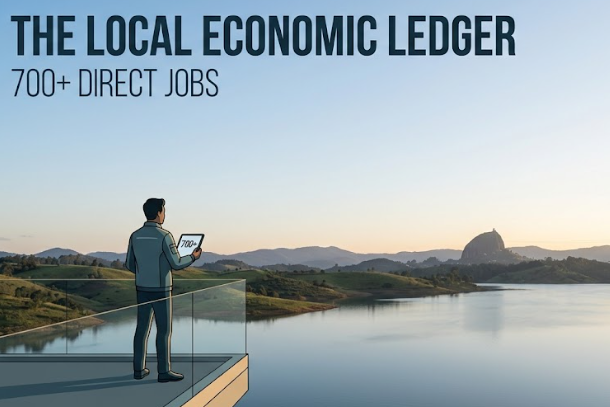 Person on a balcony above the reservoir holding a tablet showing 700+ jobs